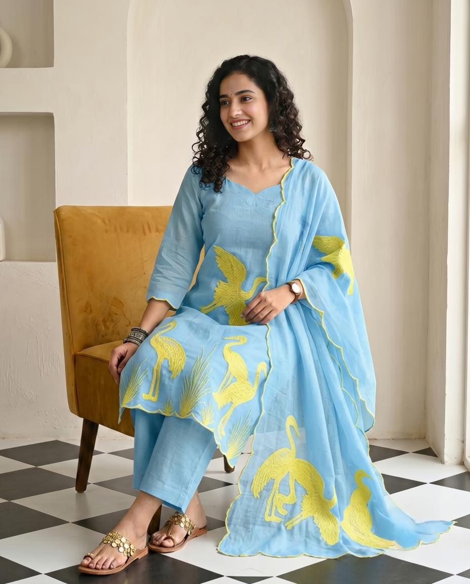 Premium Mul Chanderi Applique Work Unstitched Suit Set