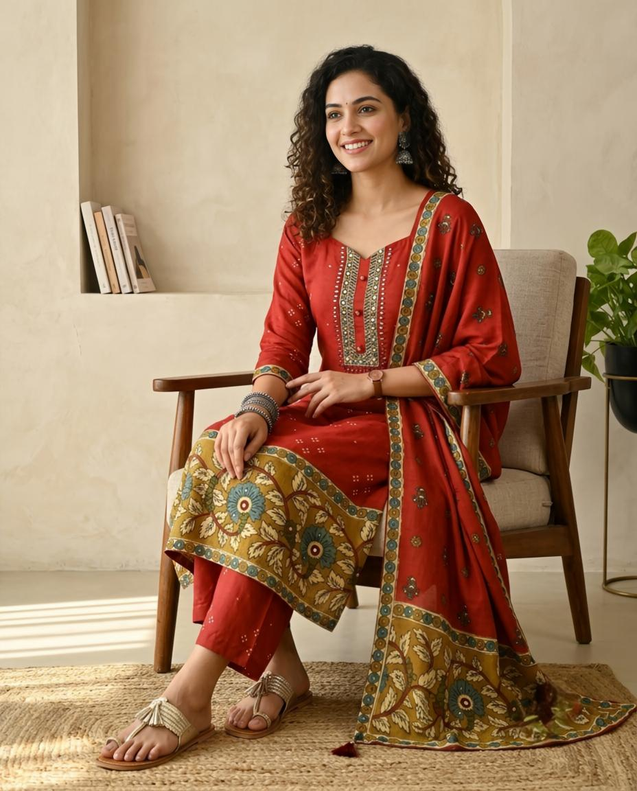 Rust Red Hand-Embroidered Muslin Unstitched Suit Set