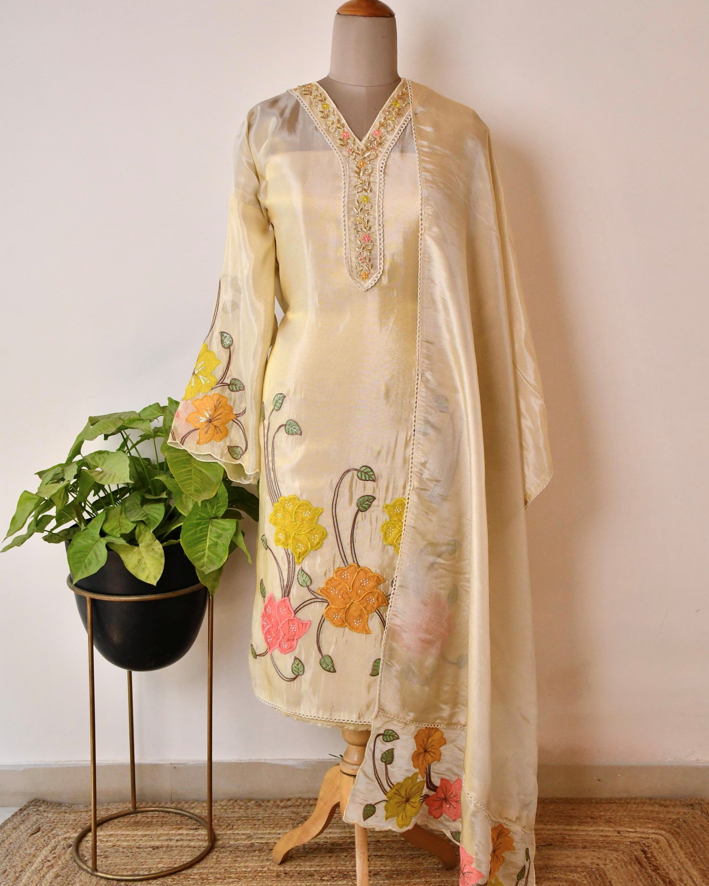 Glass Tissue Unstitched Suit with Applique work