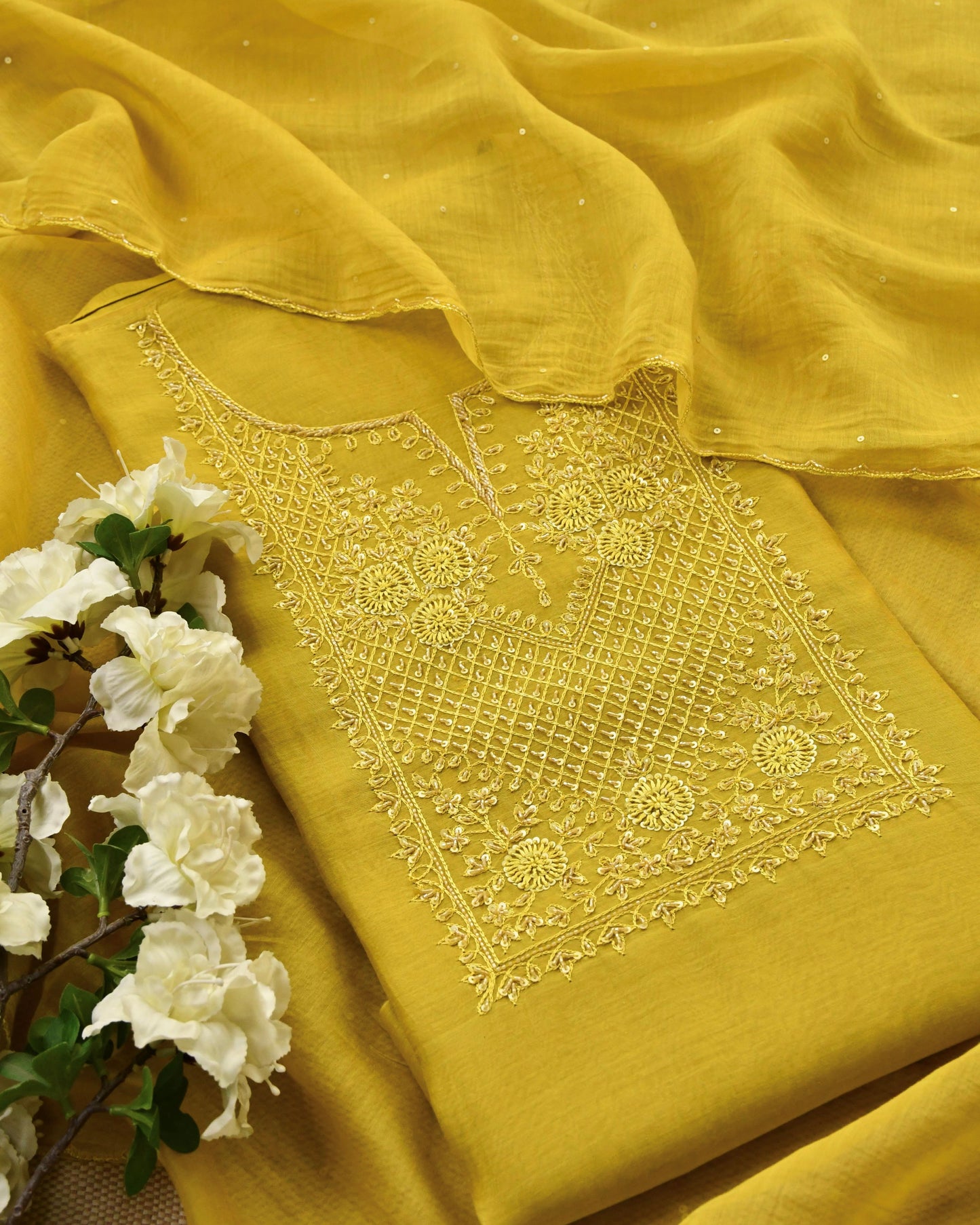 Pure Mull Chanderi Unstitched Suit with Intricate Pearl & sequence Hand Embroidery