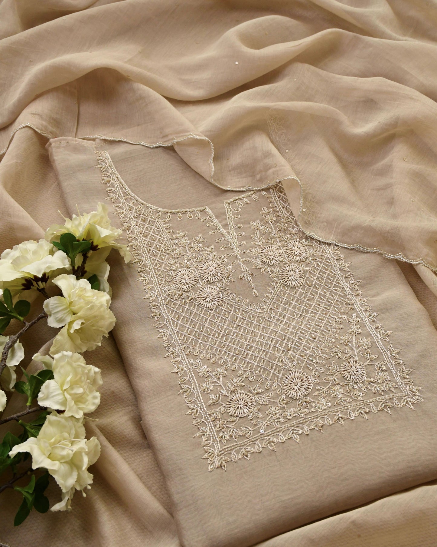 Pure Mull Chanderi Unstitched Suit with Intricate Pearl & sequence Hand Embroidery