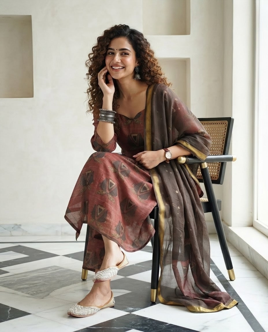 Natural Pomegranate Dye Maheshwari Silk Unstitched Suit Set