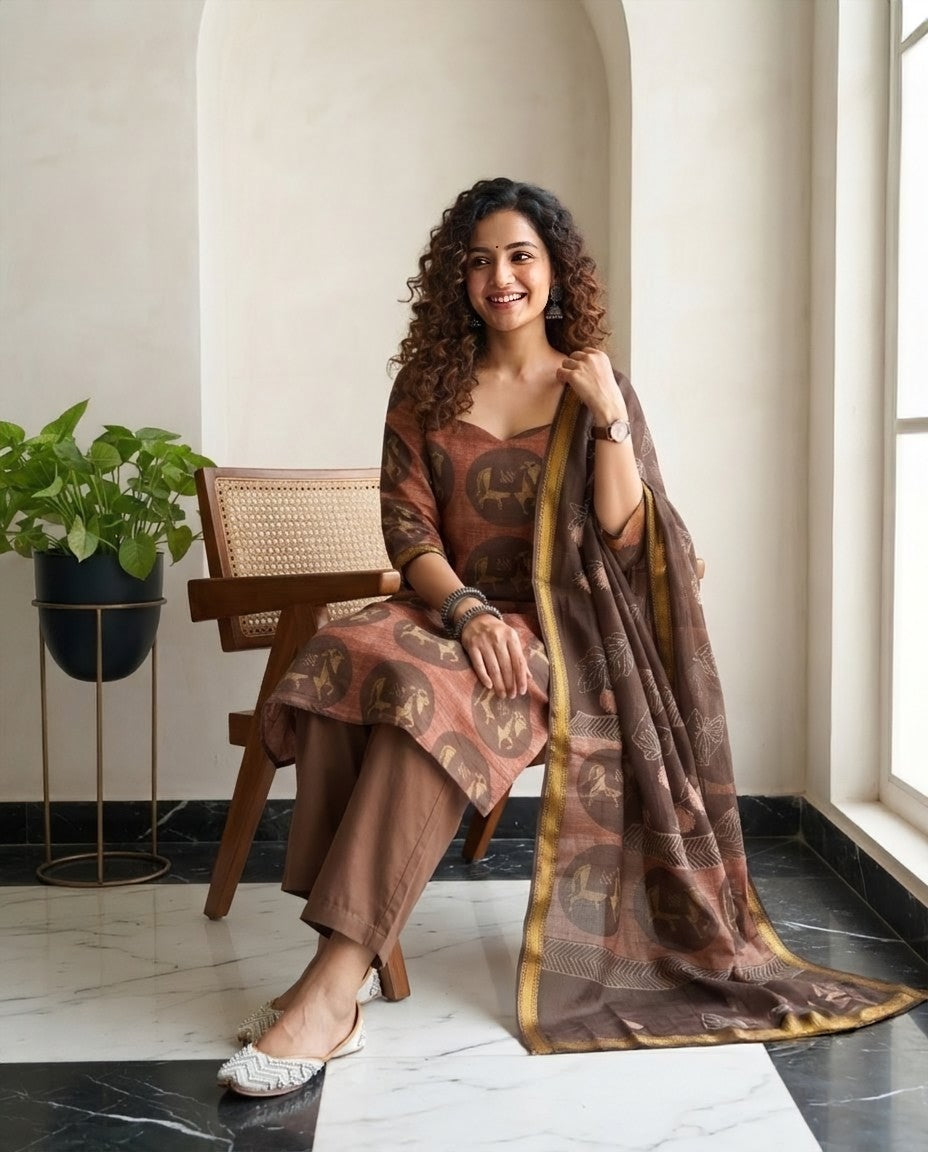 Natural Pomegranate Dye Maheshwari Silk Unstitched Suit Set