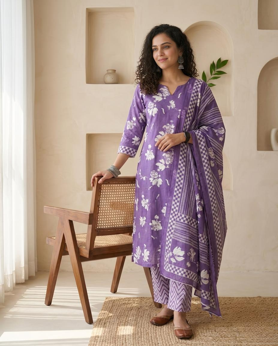Premium Lavender and White Cotton Unstitched Suit Set