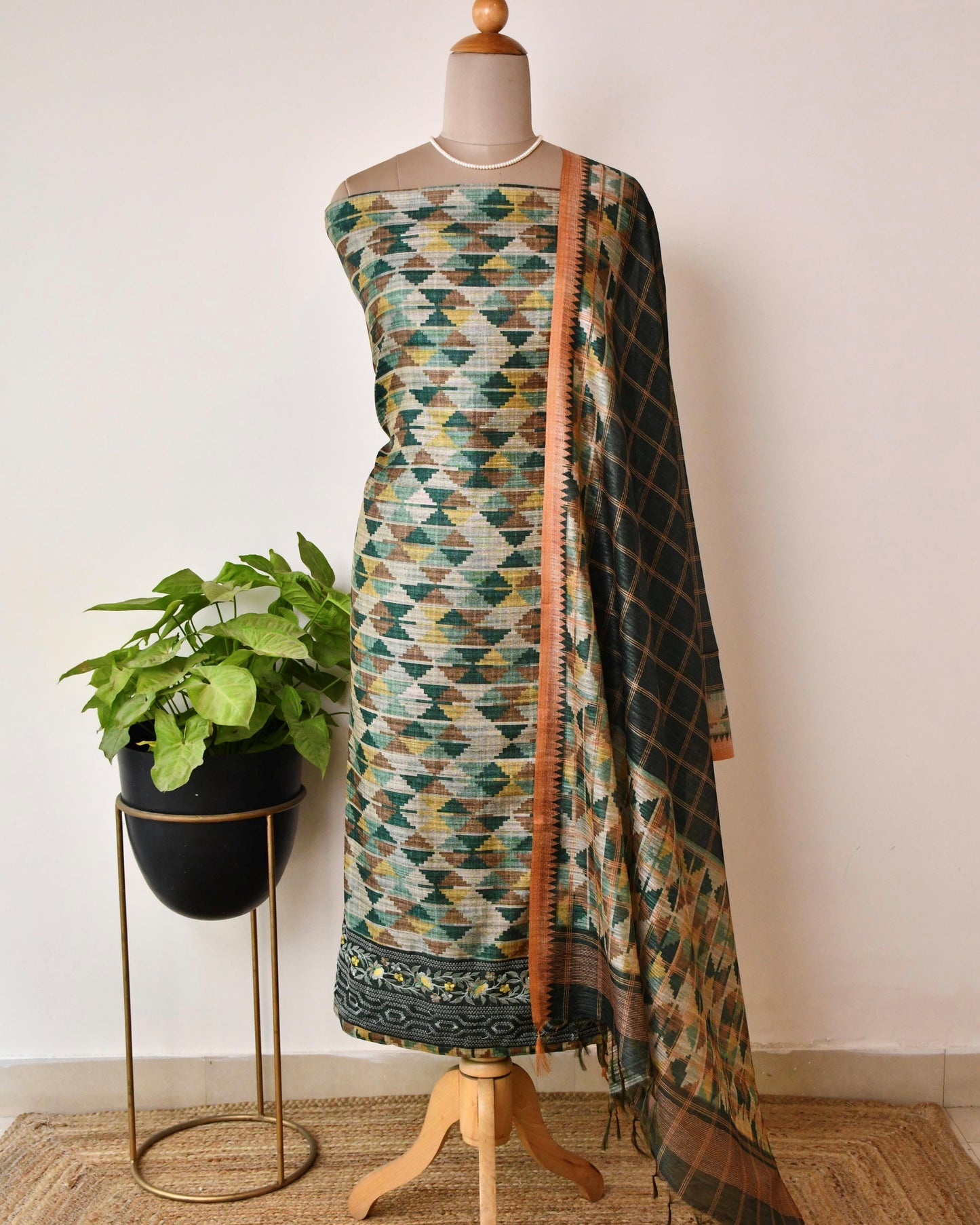 Unstitched Tussar Silk Suit Set with Hand embroidery