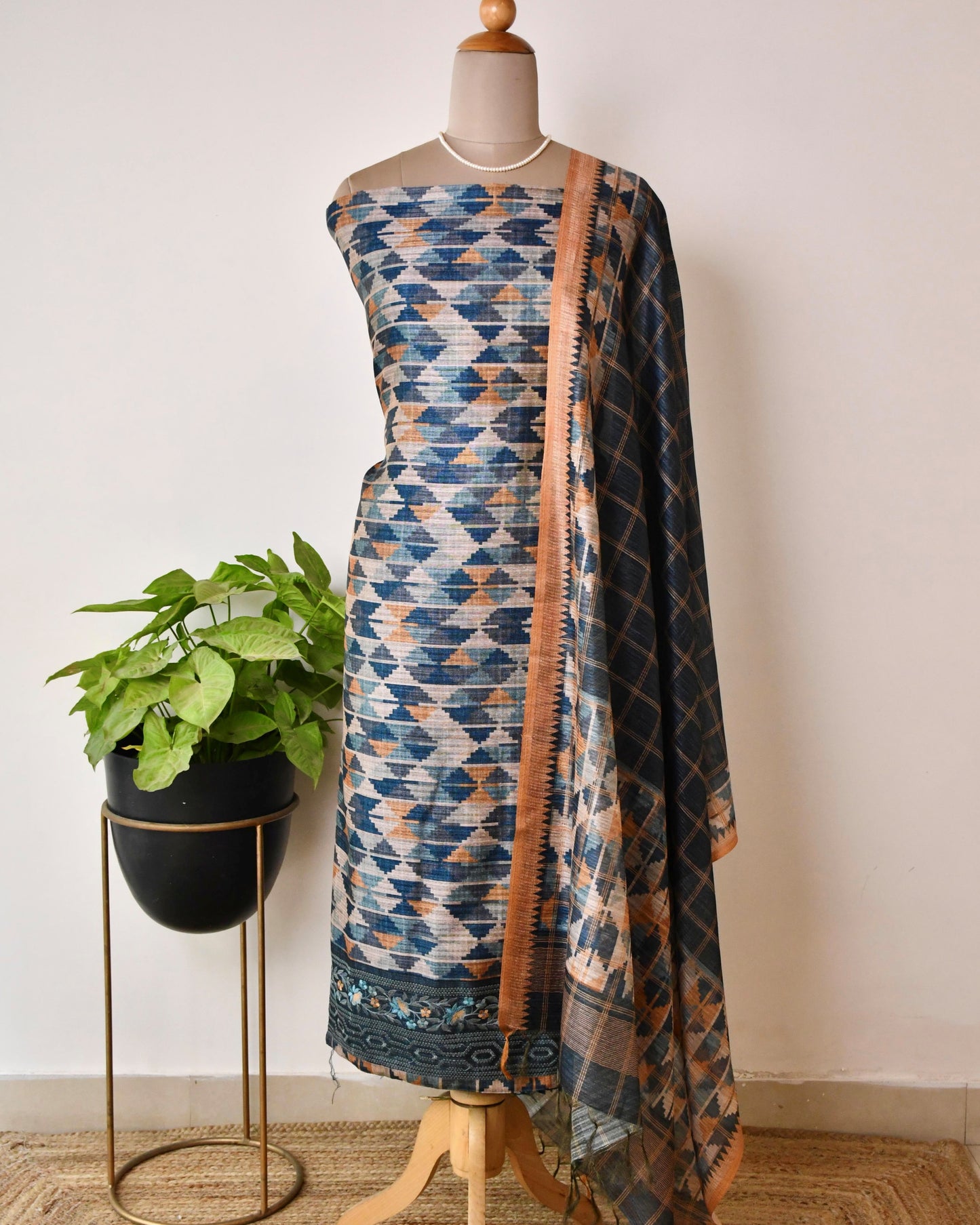 Unstitched Tussar Silk Suit Set with Hand embroidery