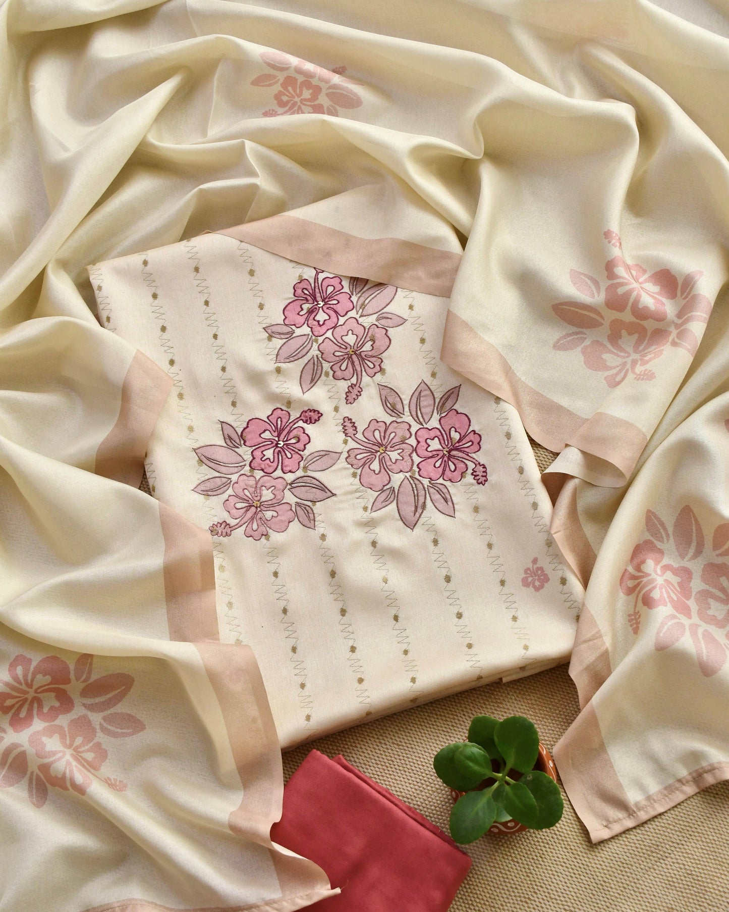 Chanderi Silk Unstitched Suit Set with Floral Embroidery Applique & Zari Detailing