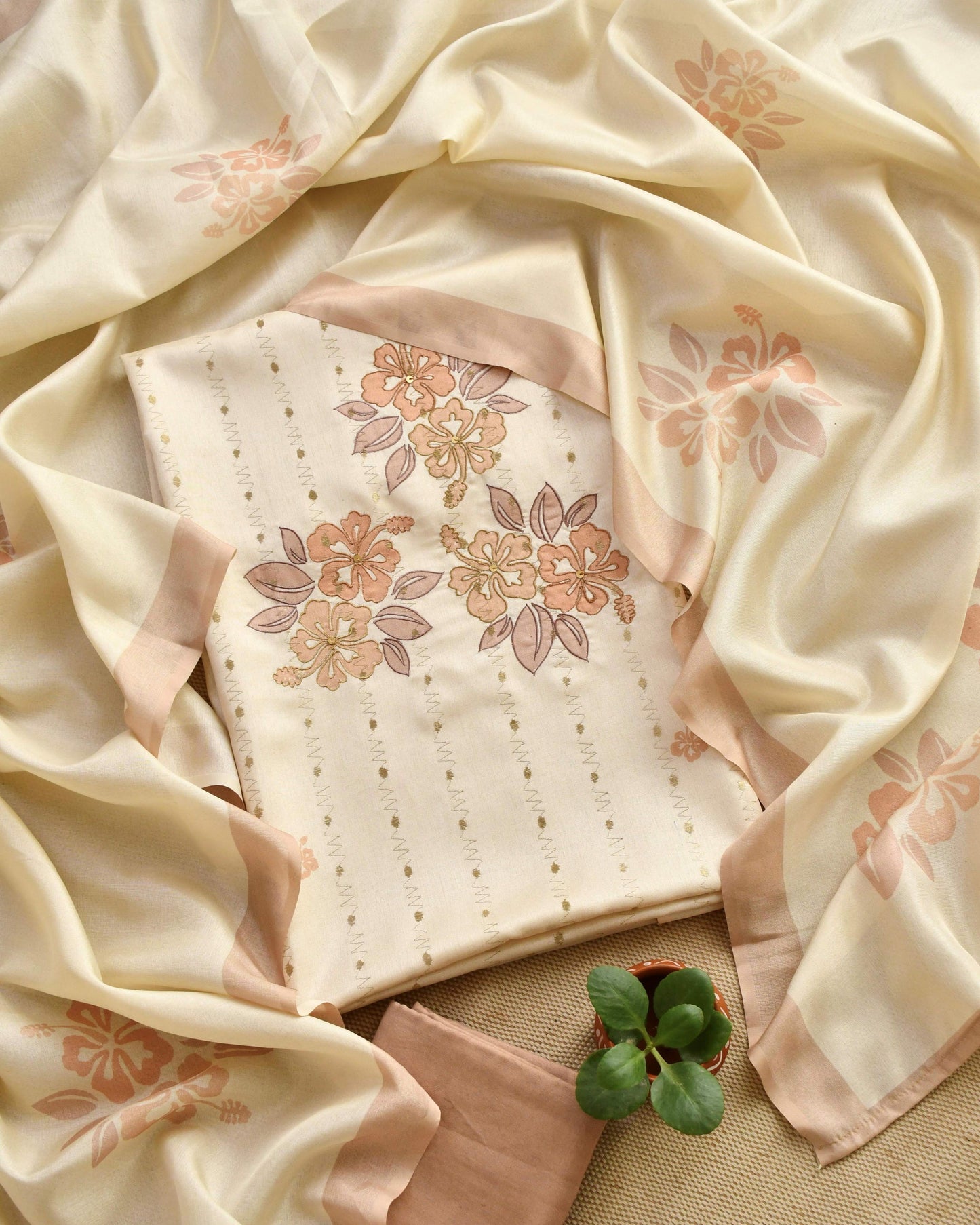 Chanderi Silk Unstitched Suit Set with Floral Appliqu & Zari Work Detailing