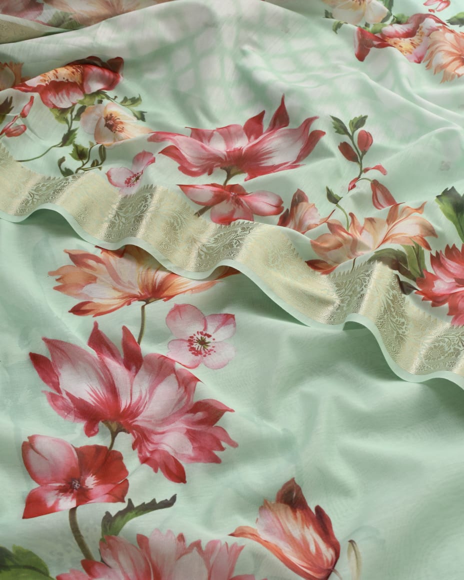Premium Floral Print Banarasi Chanderi Unstitched Suit Set with Zari Border Dupatta