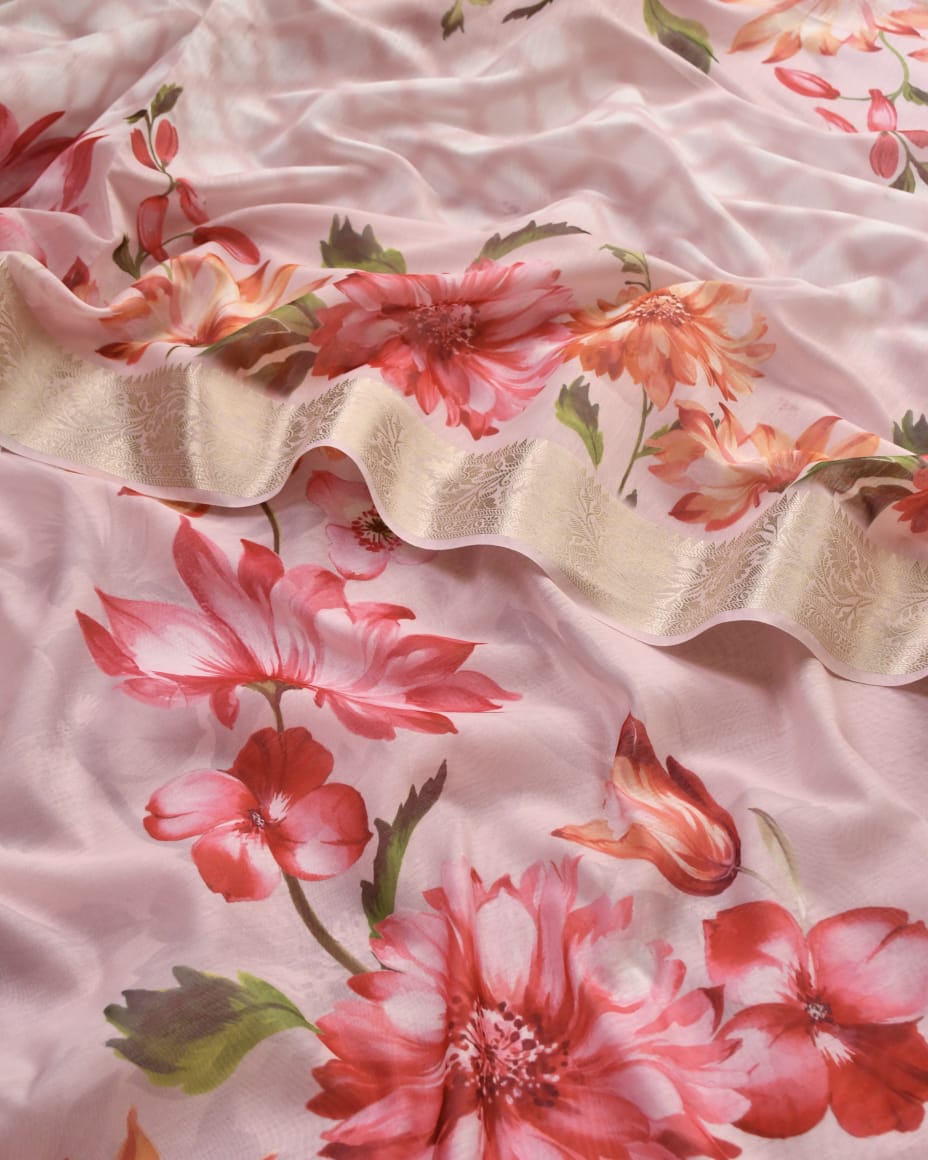 Premium Floral Print Banarasi Chanderi Unstitched Suit Set with Zari Border Dupatta