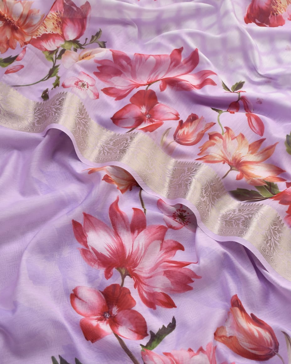 Premium Floral Print Banarasi Chanderi Unstitched Suit Set with Zari Border Dupatta