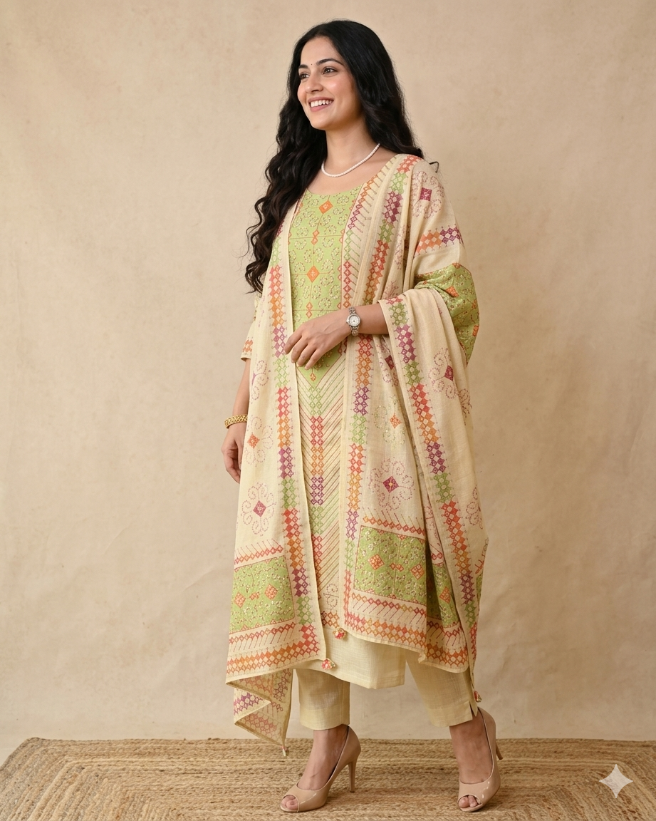 Premium Hand Kantha Embroidered Unstitched Linen Suit Set