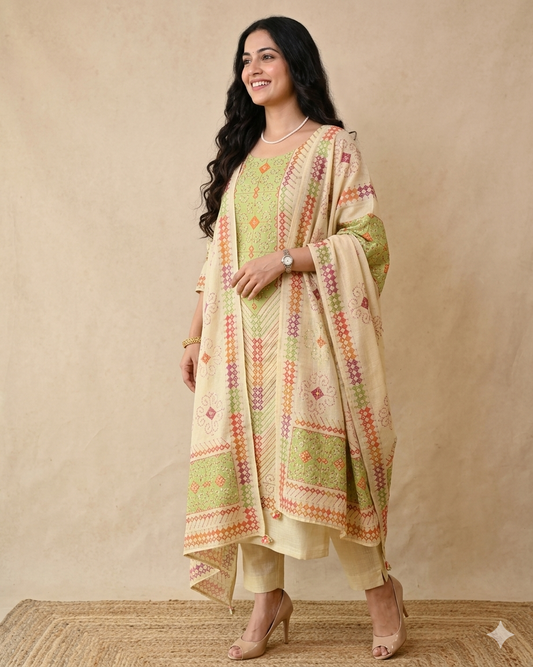 Premium Hand Kantha Embroidered Unstitched Linen Suit Set