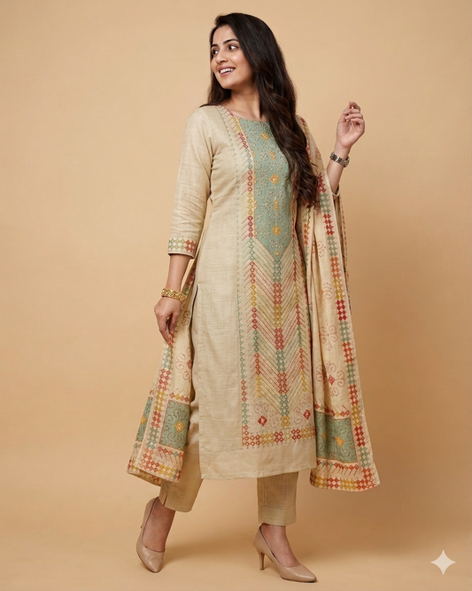 Premium Hand Kantha Embroidered Unstitched Linen Suit Set