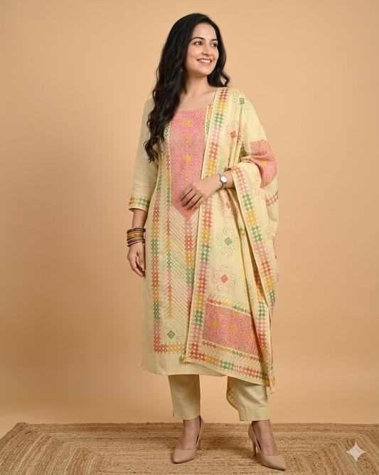 Premium Hand Kantha Embroidered Unstitched Linen Suit Set