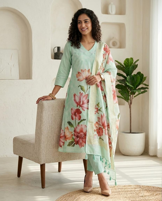 Premium Floral Print Banarasi Chanderi Unstitched Suit Set with Zari Border Dupatta