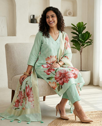 Premium Floral Print Banarasi Chanderi Unstitched Suit Set with Zari Border Dupatta