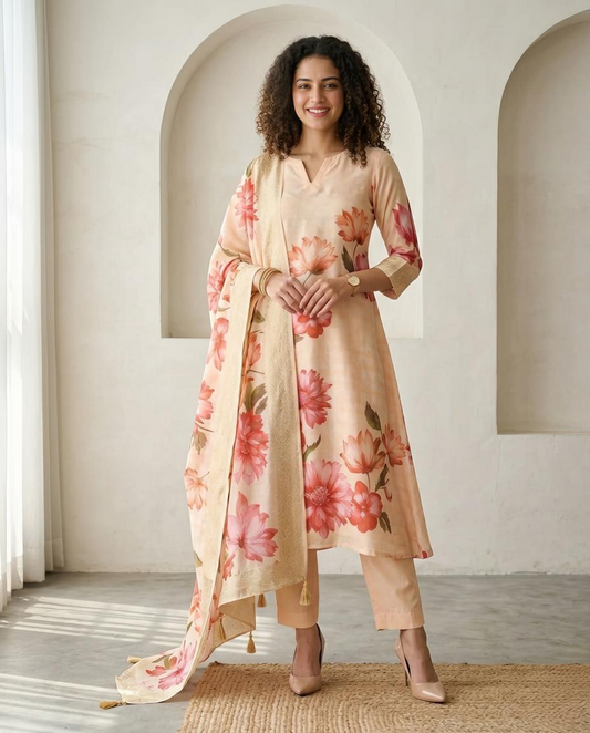 Premium Floral Print Banarasi Chanderi Unstitched Suit Set with Zari Border Dupatta