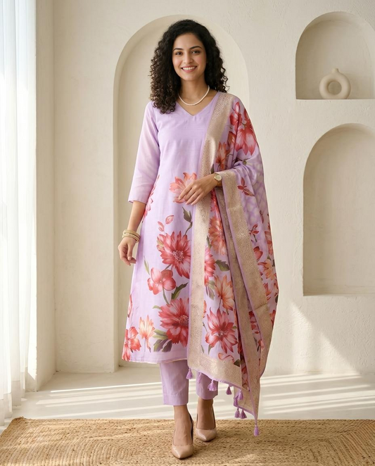 Premium Floral Print Banarasi Chanderi Unstitched Suit Set with Zari Border Dupatta