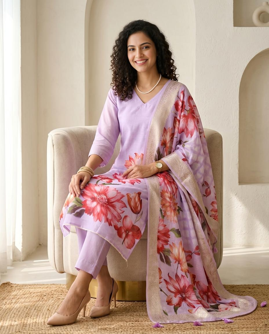 Premium Floral Print Banarasi Chanderi Unstitched Suit Set with Zari Border Dupatta