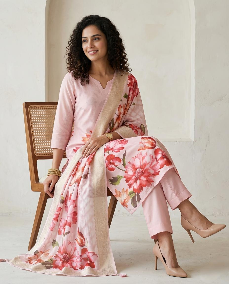 Premium Floral Print Banarasi Chanderi Unstitched Suit Set with Zari Border Dupatta