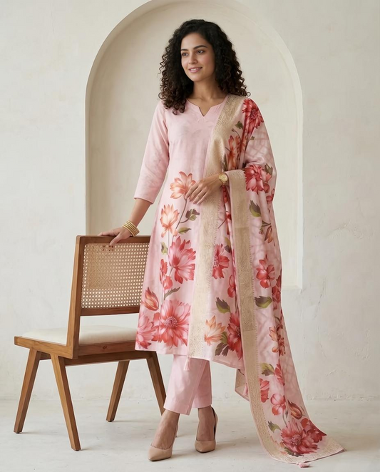 Premium Floral Print Banarasi Chanderi Unstitched Suit Set with Zari Border Dupatta