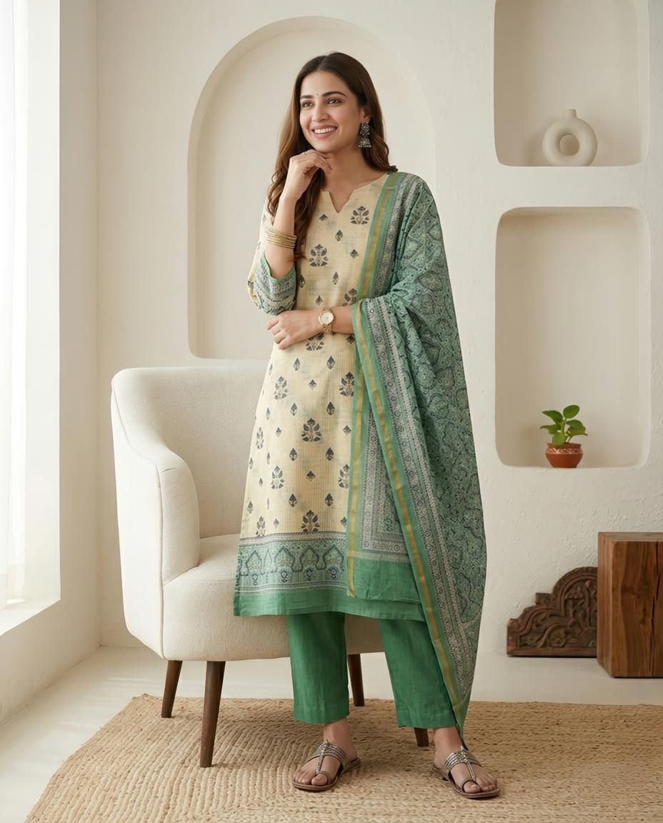 Elegant Maheshwari Silk Unstitched Suit Set with Traditional Prints