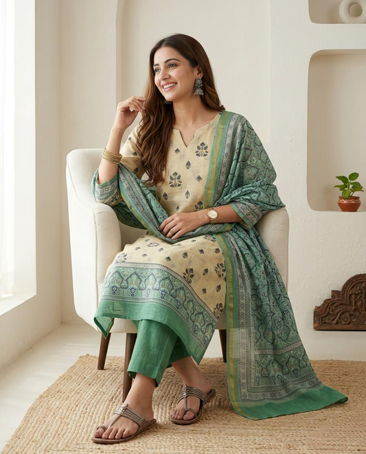 Elegant Maheshwari Silk Unstitched Suit Set with Traditional Prints