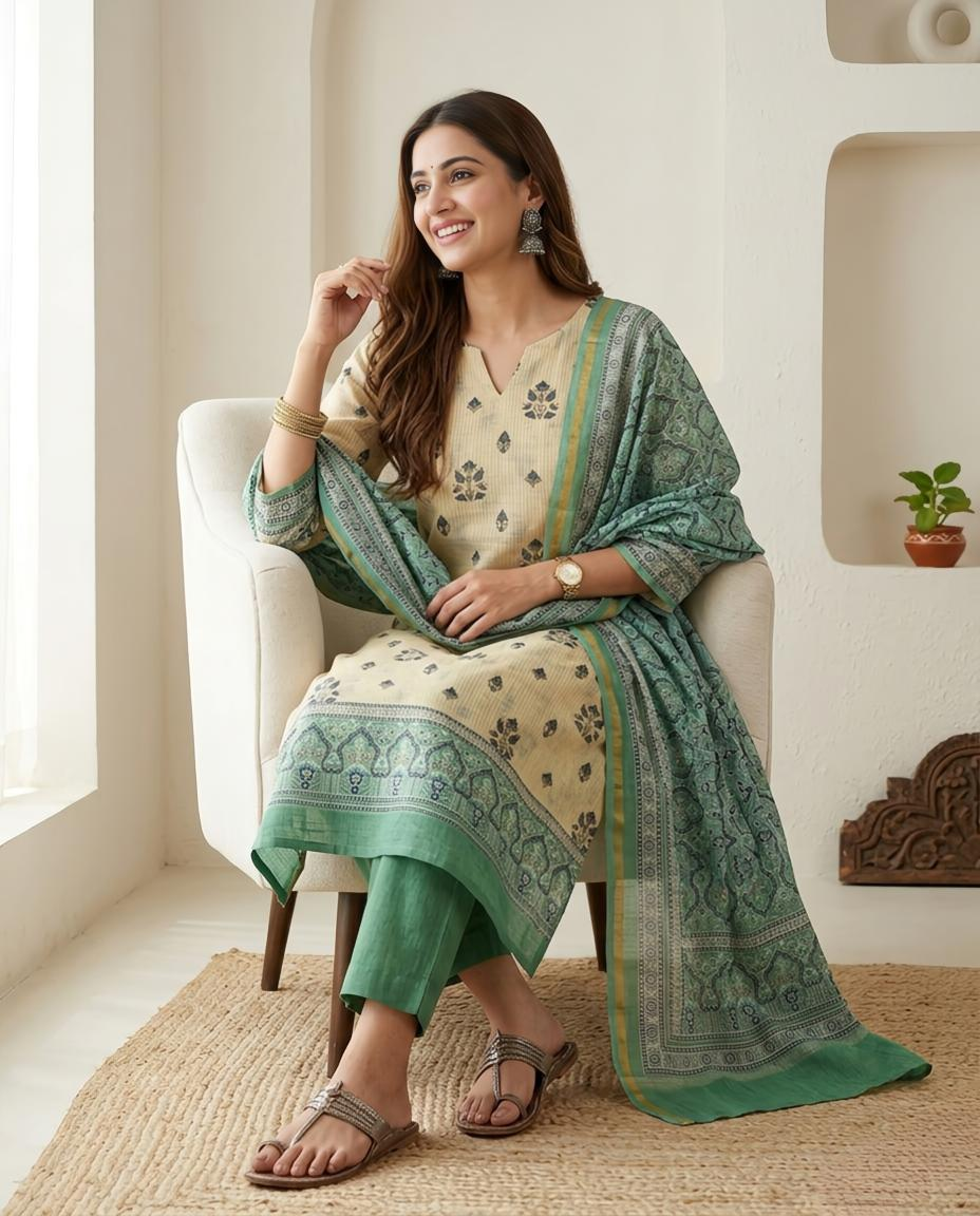Elegant Maheshwari Silk Unstitched Suit Set with Traditional Prints