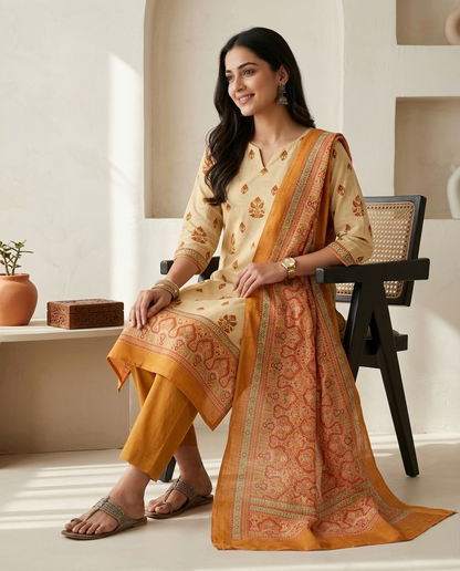 Elegant Maheshwari Silk Unstitched Suit Set with Traditional Prints
