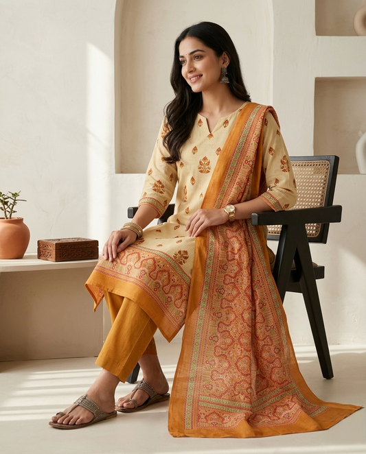 Elegant Maheshwari Silk Unstitched Suit Set with Traditional Prints