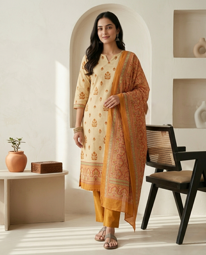 Elegant Maheshwari Silk Unstitched Suit Set with Traditional Prints