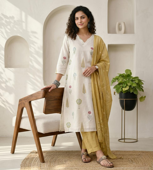 Premium Mul Chanderi Unstitched Suit Set with Exquisite Jamdani Dupatta