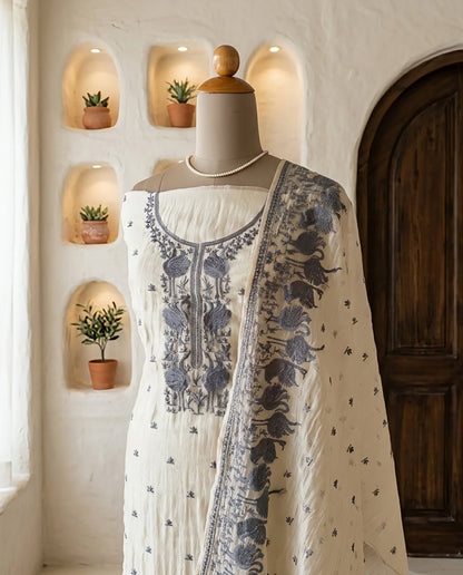 Embroidered Crushed Tissue Silk Unstitched Suit Set with Dupatta