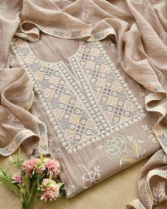 Banarasi Handloom Mul Chanderi Embroidered Unstitched Suit Set