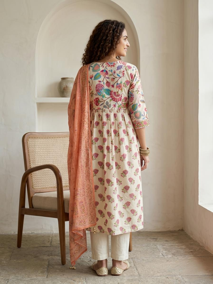 Hand Block Print Mul Cotton A-Line Stitched Suit Set