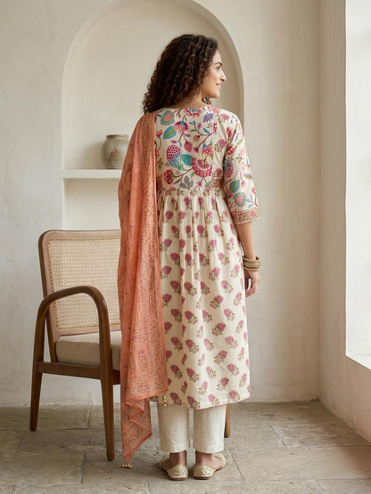 Hand Block Print Mul Cotton A-Line Stitched Suit Set