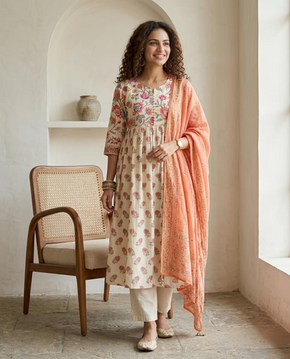 Hand Block Print Mul Cotton A-Line Stitched Suit Set