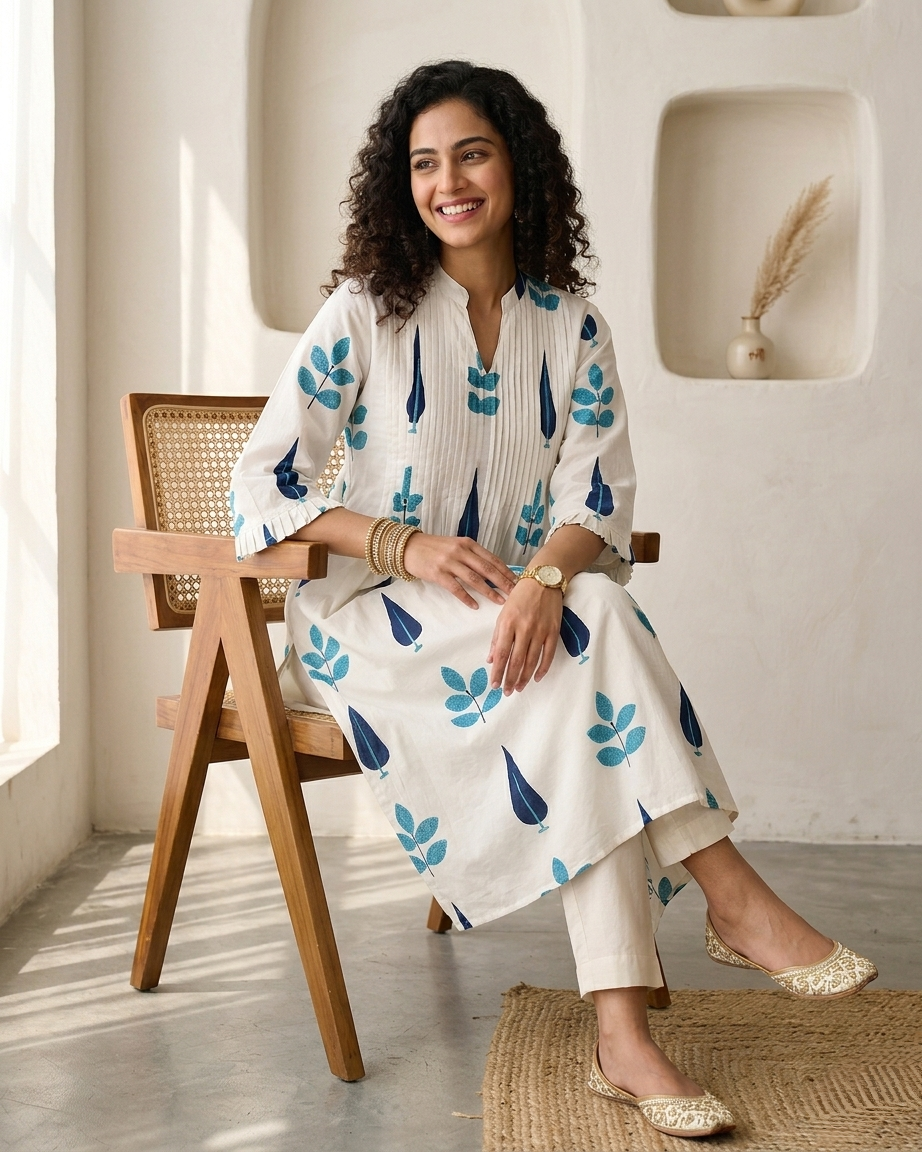 Hand Block Printed Mulmul Cotton Stitched Kurta Set - Elegant 2-Piece Ethnic Wear