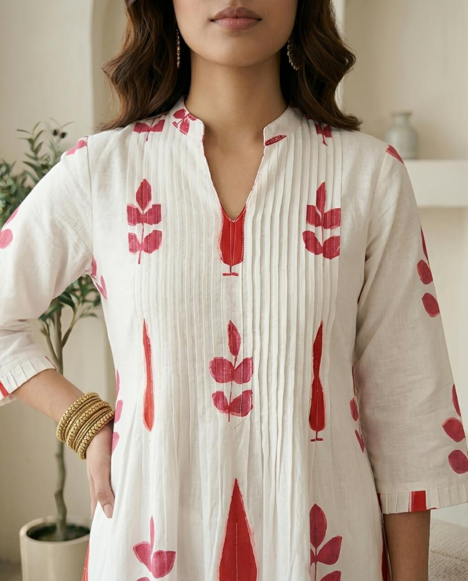 Hand Block Printed Mulmul Cotton Stitched Kurta Set - Elegant 2-Piece Ethnic Wear