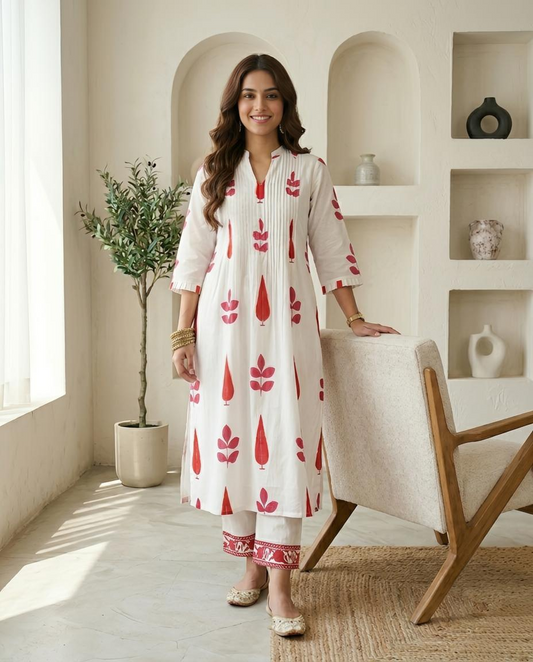 Hand Block Printed Mulmul Cotton Stitched Kurta Set - Elegant 2-Piece Ethnic Wear
