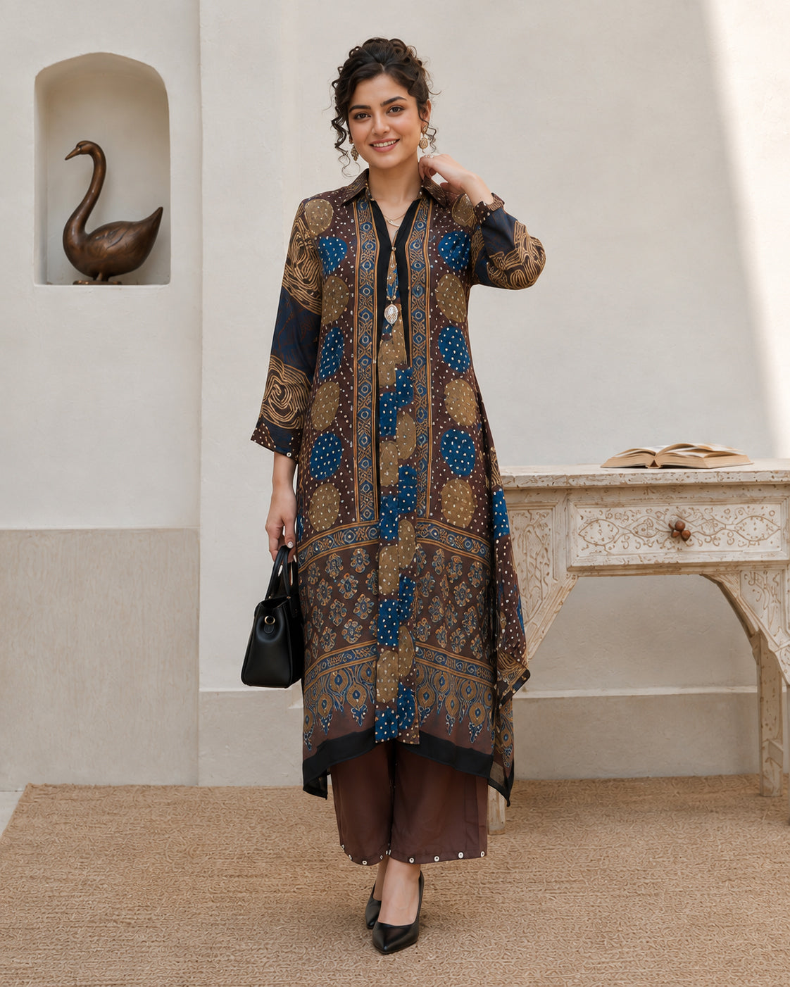Brown Printed Polka Dot Modal Muslin 2-Piece Kurta Pant Set