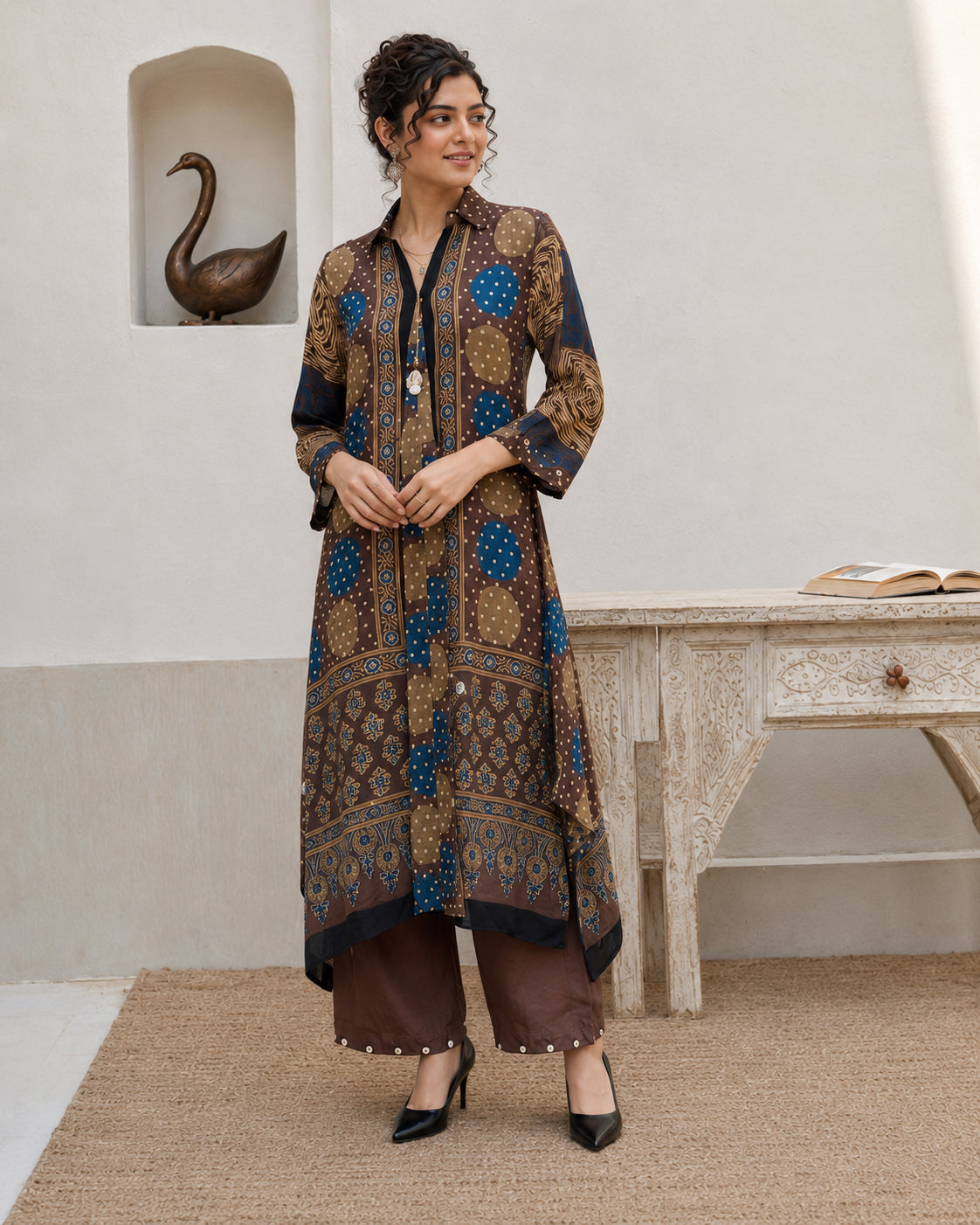 Brown Printed Polka Dot Modal Muslin 2-Piece Kurta Pant Set