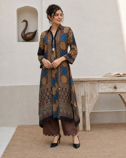 Brown Printed Polka Dot Modal Muslin 2-Piece Kurta Pant Set