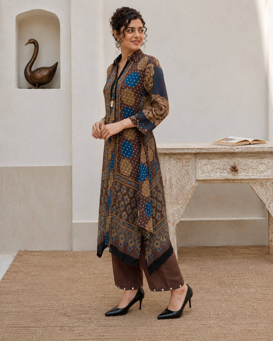 Brown Printed Polka Dot Modal Muslin 2-Piece Kurta Pant Set