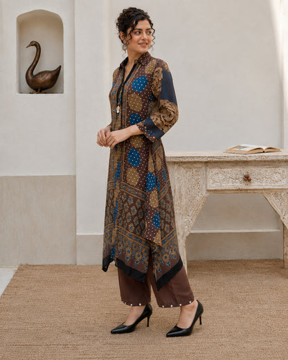 Brown Printed Polka Dot Modal Muslin 2-Piece Kurta Pant Set