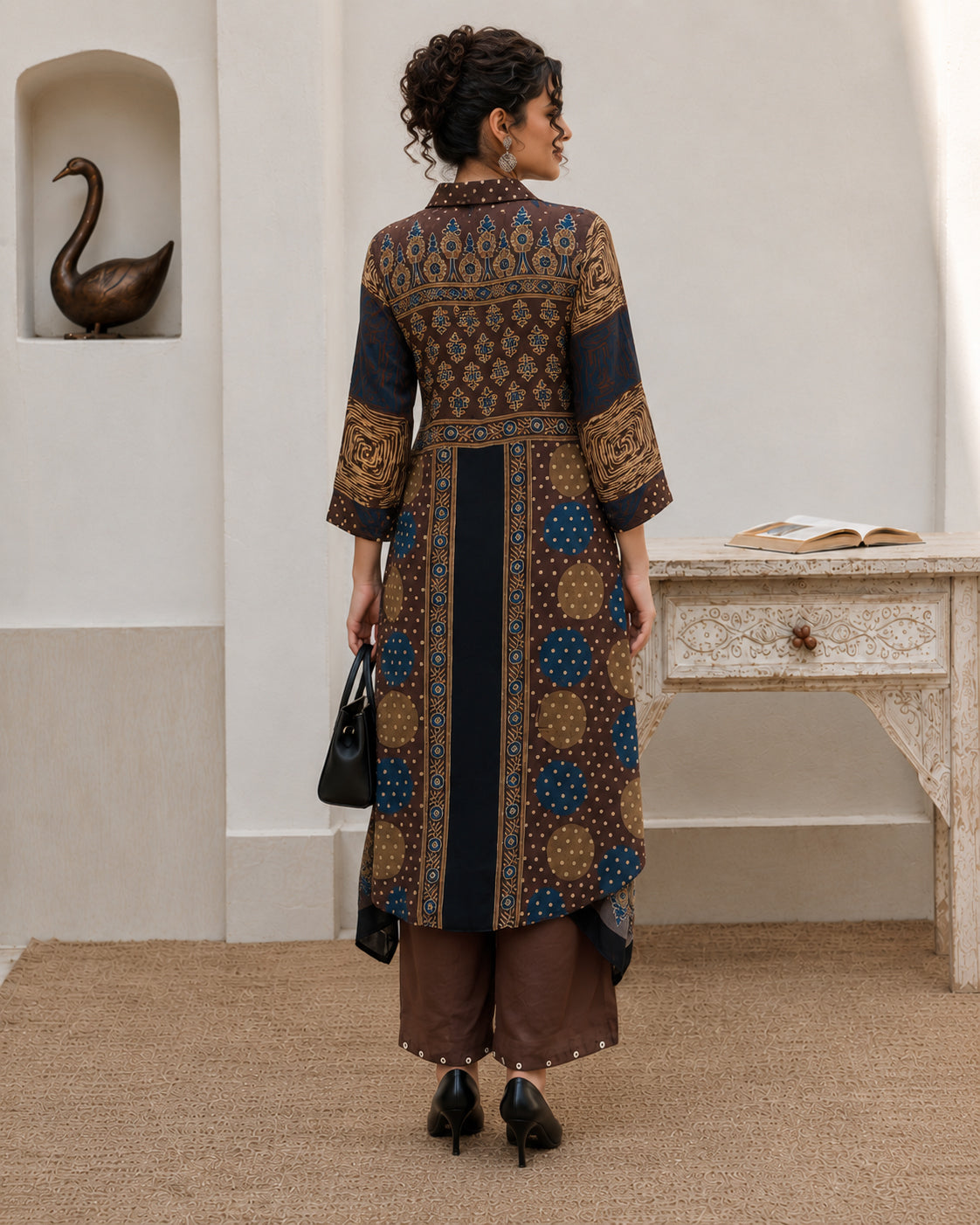 Brown Printed Polka Dot Modal Muslin 2-Piece Kurta Pant Set