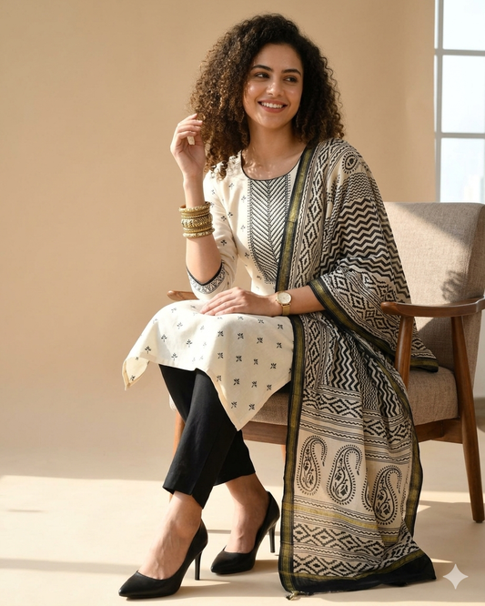 Rubia Cotton Unstitched Suit Set with  Mul Chanderi Dupatta