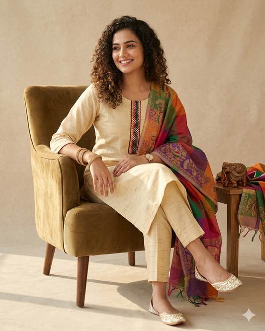 Khadi Linen Unstitched Suit with Mirror-Work & Multi-Color Mul Chanderi Dupatta