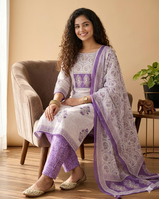 Linen  Unstitched Suit with Paisley Dupatta & Sequence Work